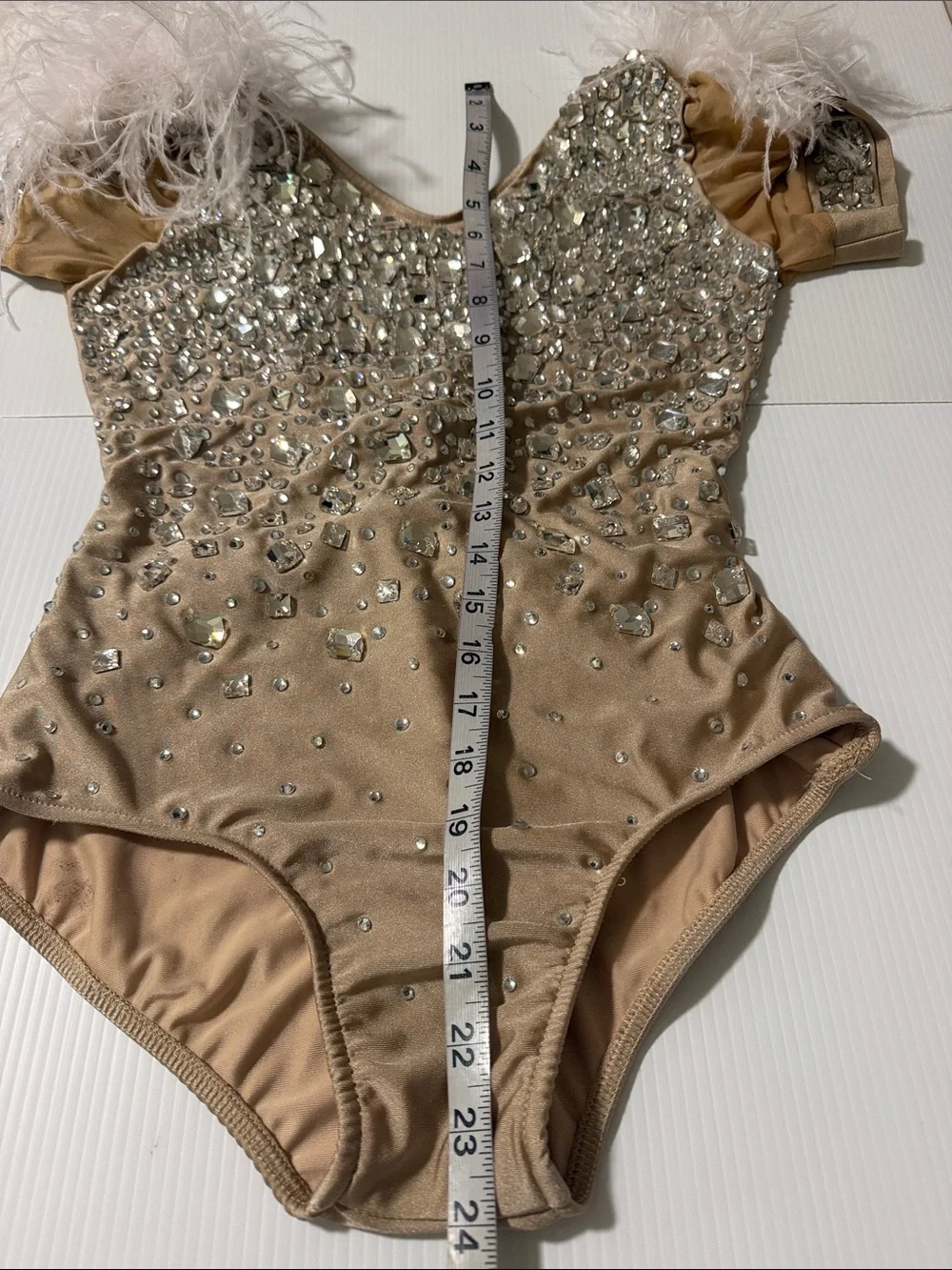 Glamour solo Crystal rhinestone feather dance costume nude tan SA-Small adult
